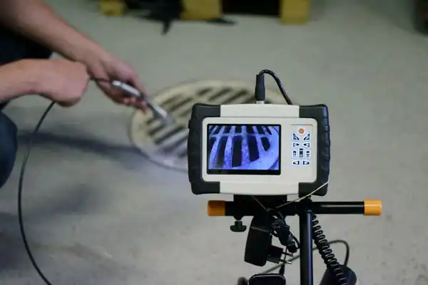 A person operates a drain inspection camera, showing an image of a grate on the monitor screen.