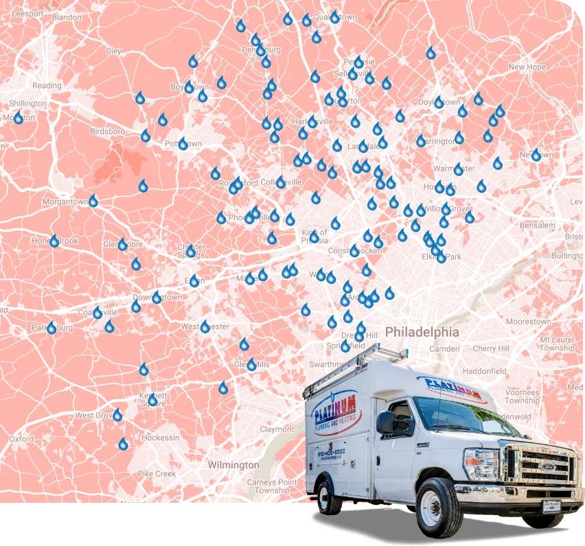 A map displays numerous blue water droplet icons across Philadelphia and its surrounding areas, marking locations. In the foreground, a Platinum Plumbing service van stands ready to serve.