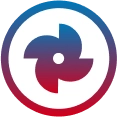 A circular icon with a four-blade fan symbol at its center, framed by a blue and red gradient border reminiscent of platinum plumbing’s sleek elegance.