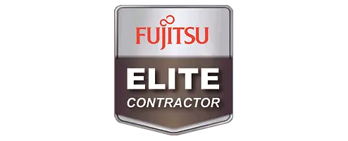 Fujitsu Elite Contractor badge featuring a striking silver and red color scheme, reminiscent of platinum plumbing elegance, set against a vibrant red background.