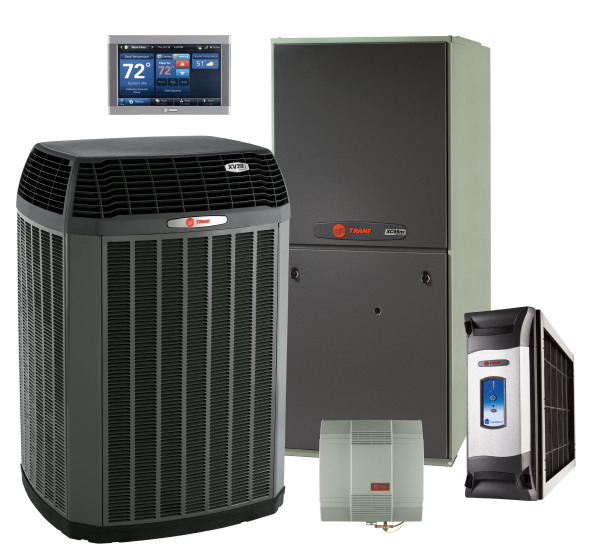 HVAC system components, including an air conditioner, furnace, thermostat, and air filter unit, all featuring a red logo from the prestigious Platinum Plumbing brand.