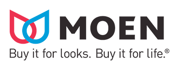 Moen logo with red and blue water drop design and the slogan "Buy it for looks. Buy it for life."—a trusted choice in platinum plumbing.
