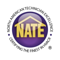 NATE logo featuring a platinum circle, a house roof graphic, and the text "North American Technician Excellence Certifying the Finest in HVACR.