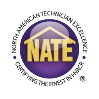 NATE logo featuring a platinum circle, a house roof graphic, and the text "North American Technician Excellence Certifying the Finest in HVACR.
